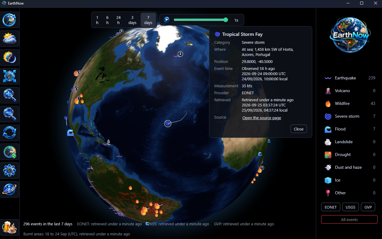 A wildfire in Brazil opened in the detail panel: its nearest town, position, event time, burned area, the provider EONET, when it was retrieved and a link to the source page.