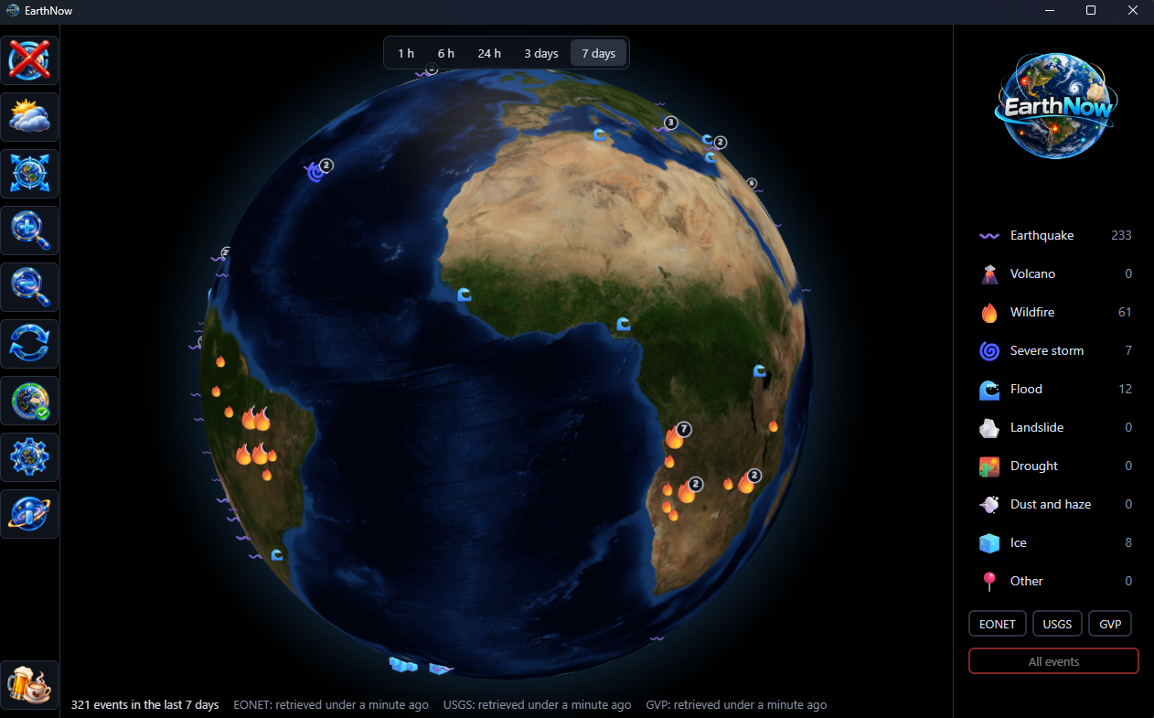EarthNow showing the Americas and Africa with a week of earthquakes, wildfires, storms, floods and ice on the globe, the action buttons down the left and the key of categories with their counts down the right.